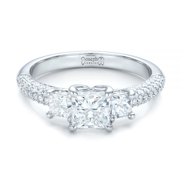 14k White Gold 14k White Gold Custom Three Stone And Pave Diamond Engagement Ring - Flat View -  100886