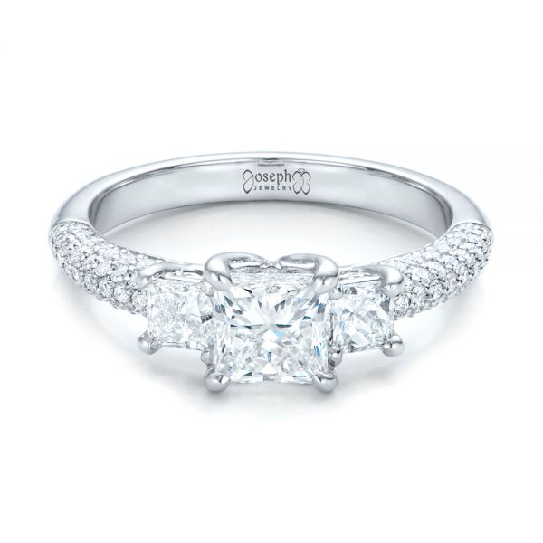 Platinum Custom Three Stone And Pave Diamond Engagement Ring - Flat View - 100886