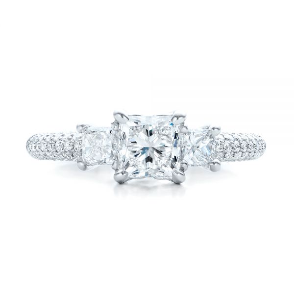  Platinum Custom Three Stone And Pave Diamond Engagement Ring - Top View -  100886