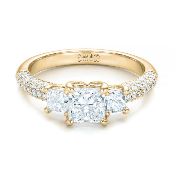 18k Yellow Gold 18k Yellow Gold Custom Three Stone And Pave Diamond Engagement Ring - Flat View -  100886