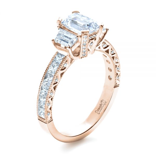 14k Rose Gold 14k Rose Gold Custom Three Stone And Princess Cut Diamond Engagement Ring - Three-Quarter View -  1267