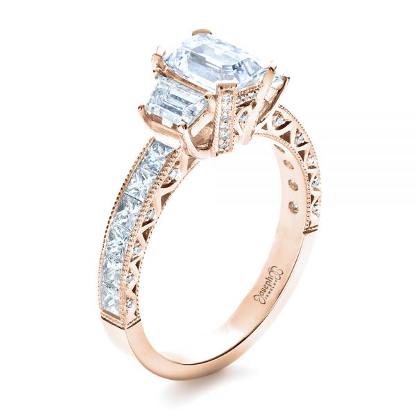 18k Rose Gold 18k Rose Gold Custom Three Stone And Princess Cut Diamond Engagement Ring - Three-Quarter View - 1267