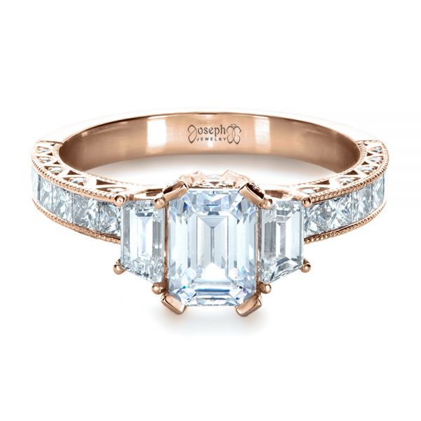 14k Rose Gold 14k Rose Gold Custom Three Stone And Princess Cut Diamond Engagement Ring - Flat View -  1267
