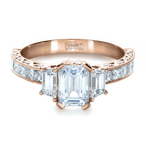 18k Rose Gold 18k Rose Gold Custom Three Stone And Princess Cut Diamond Engagement Ring - Flat View - 1267