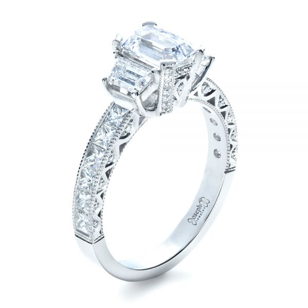 14k White Gold 14k White Gold Custom Three Stone And Princess Cut Diamond Engagement Ring - Three-Quarter View -  1267