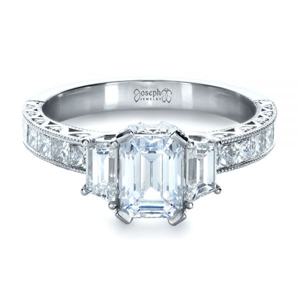  Platinum Custom Three Stone And Princess Cut Diamond Engagement Ring - Flat View -  1267