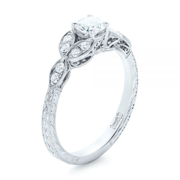 14k White Gold Custom Tri-leaf Diamond Engagement Ring - Three-Quarter View - 102261