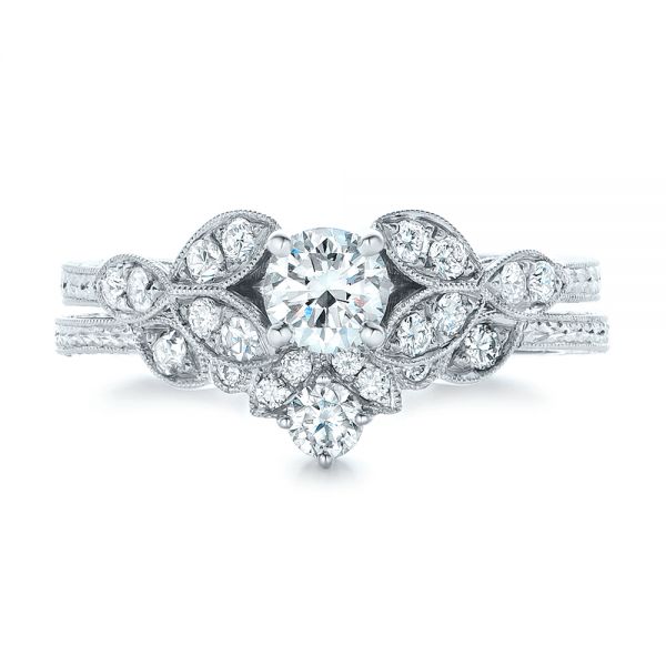 14k White Gold Custom Tri-leaf Diamond Engagement Ring - Three-Quarter View -  102261