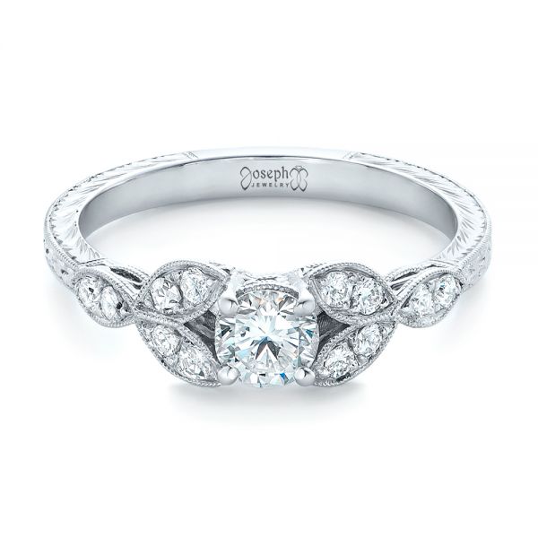 14k White Gold Custom Tri-leaf Diamond Engagement Ring - Flat View -  102261