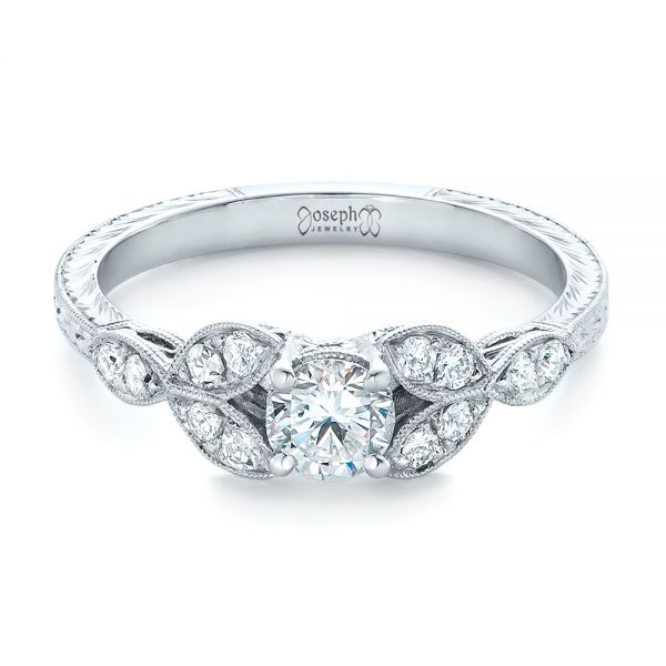 14k White Gold Custom Tri-leaf Diamond Engagement Ring - Flat View - 102261