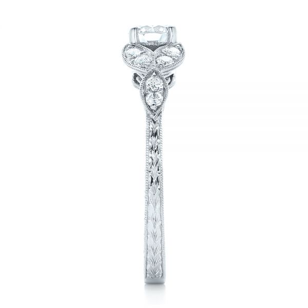 14k White Gold Custom Tri-leaf Diamond Engagement Ring - Side View - 102261