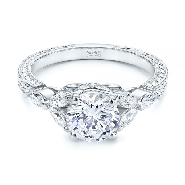 18k White Gold Custom Tri-leaf Marquise Diamond Engagement Ring - Flat View -  105826