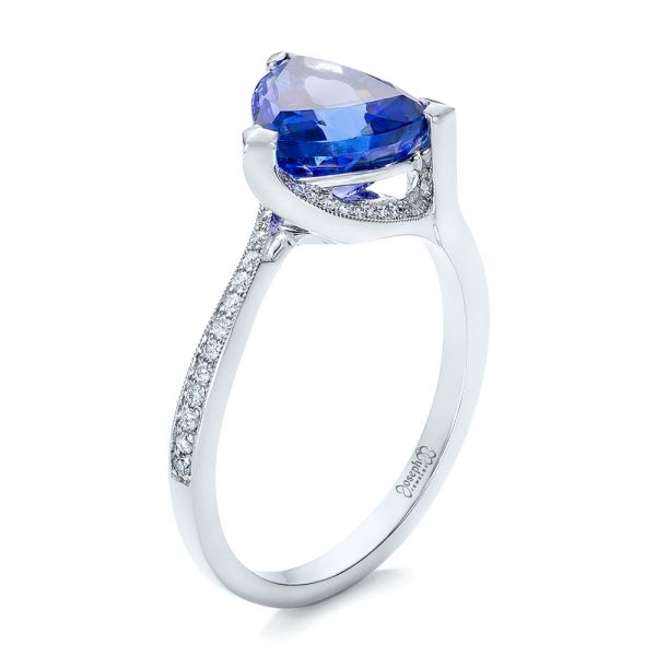 18k White Gold Custom Trillion Tanzanite Engagement Ring - Three-Quarter View -  102109