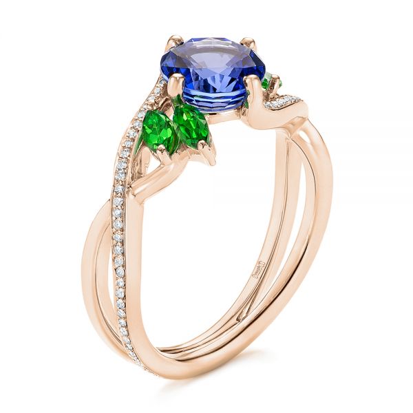 18k Rose Gold 18k Rose Gold Custom Tsavorite Blue Sapphire And Diamond Engagement Ring - Three-Quarter View -  103990