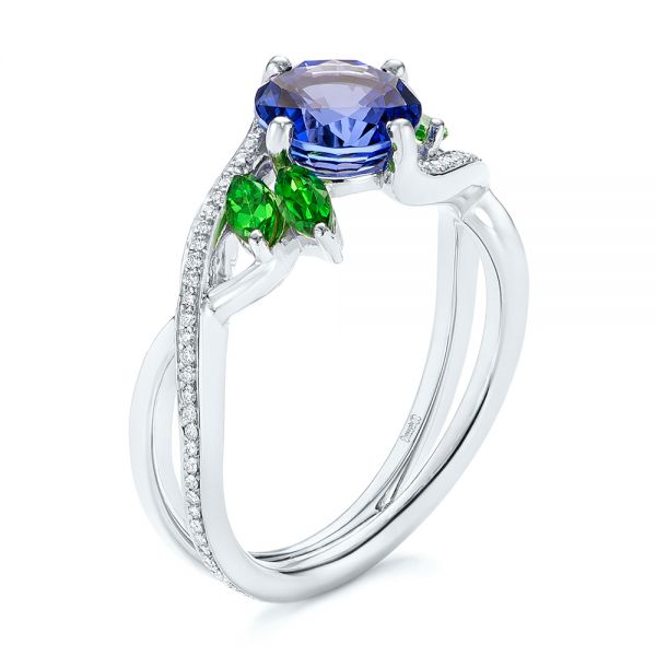 14k White Gold Custom Tsavorite Blue Sapphire And Diamond Engagement Ring - Three-Quarter View -  103990