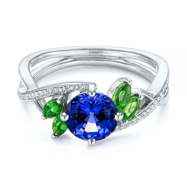 14k White Gold Custom Tsavorite Blue Sapphire And Diamond Engagement Ring - Flat View -  103990