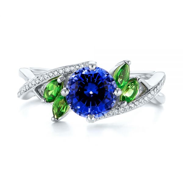14k White Gold Custom Tsavorite Blue Sapphire And Diamond Engagement Ring - Top View -  103990