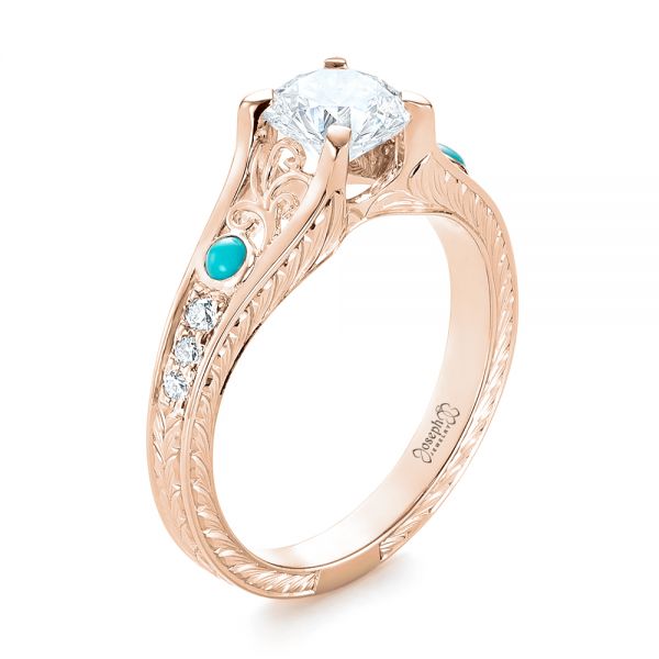 14k Rose Gold 14k Rose Gold Custom Turquoise And Diamond Engagement Ring - Three-Quarter View -  103536