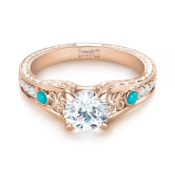 18k Rose Gold 18k Rose Gold Custom Turquoise And Diamond Engagement Ring - Flat View -  103536