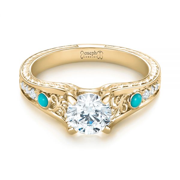 14k Yellow Gold 14k Yellow Gold Custom Turquoise And Diamond Engagement Ring - Flat View -  103536