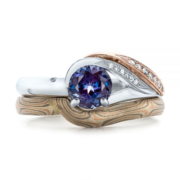 14k White Gold And 14K Gold Custom Two-tone Alexandrite And Diamond Engagement Ring - Three-Quarter View -  101566