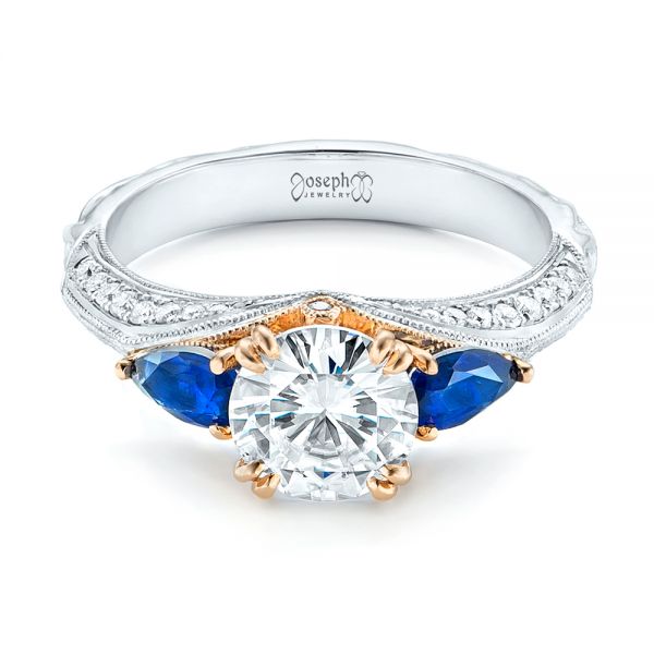  Platinum And 14K Gold Custom Two-tone Blue Sapphire And Diamond Engagement Ring - Flat View -  102795