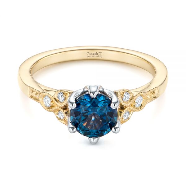 14k Yellow Gold And 14K Gold Custom Two-tone Blue Sapphire And Diamond Engagement Ring - Flat View - 104084