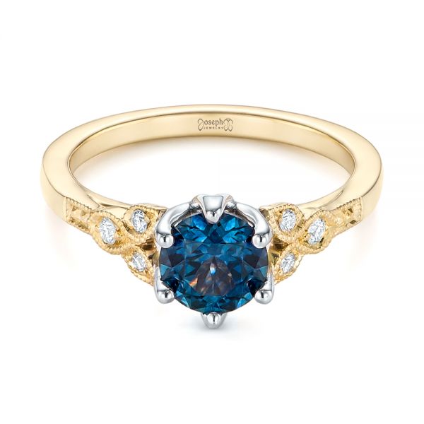 14k Yellow Gold And 14K Gold Custom Two-tone Blue Sapphire And Diamond Engagement Ring - Flat View -  104084