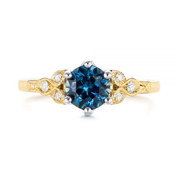 14k Yellow Gold And 14K Gold Custom Two-tone Blue Sapphire And Diamond Engagement Ring - Top View - 104084
