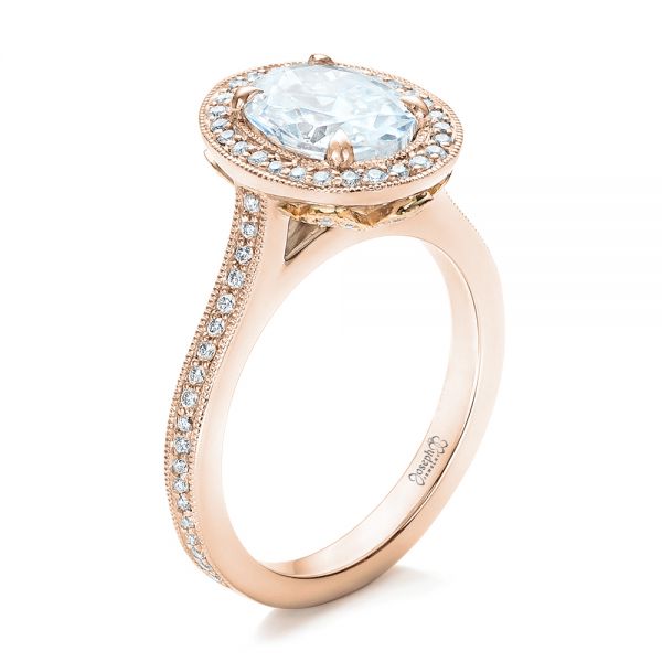 14k Rose Gold And 14K Gold 14k Rose Gold And 14K Gold Custom Two-tone Diamond Halo Engagement Ring - Three-Quarter View -  102254