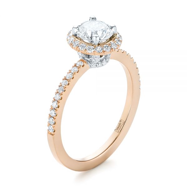 14k Rose Gold And 14K Gold Custom Two-tone Diamond Halo Engagement Ring - Three-Quarter View -  103486