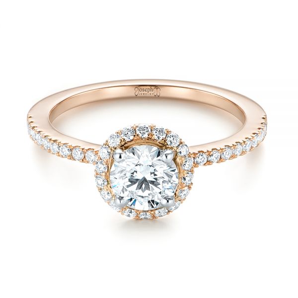 18k Rose Gold And 14K Gold 18k Rose Gold And 14K Gold Custom Two-tone Diamond Halo Engagement Ring - Flat View -  103486