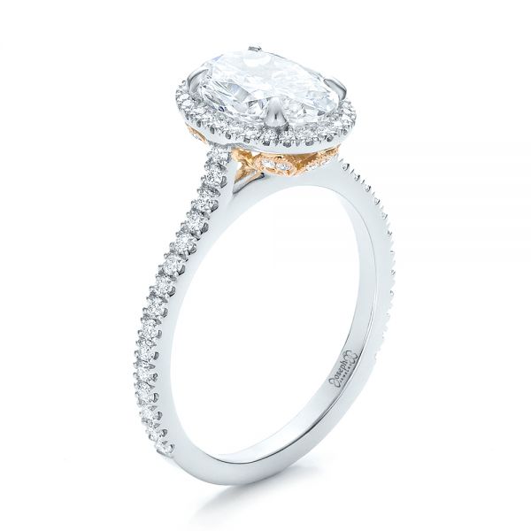  Platinum And 14K Gold Custom Two-tone Diamond Halo Engagement Ring - Three-Quarter View -  100572