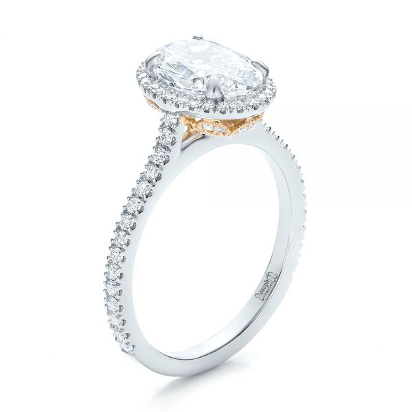  Platinum And 18K Gold Platinum And 18K Gold Custom Two-tone Diamond Halo Engagement Ring - Three-Quarter View -  100572