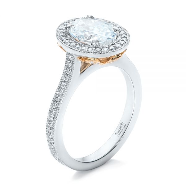  Platinum And 14K Gold Custom Two-tone Diamond Halo Engagement Ring - Three-Quarter View -  102254