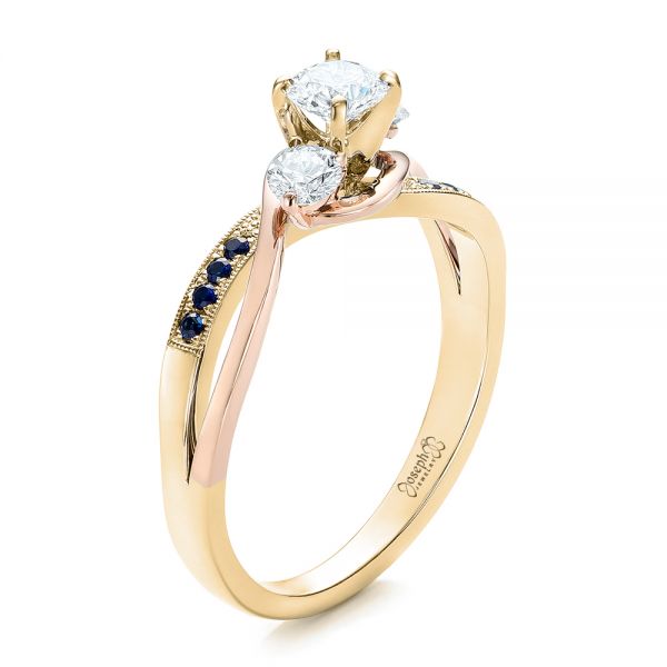 14k Yellow Gold And Platinum 14k Yellow Gold And Platinum Custom Two-tone Diamond And Blue Sapphire Engagement Ring - Three-Quarter View -  102172