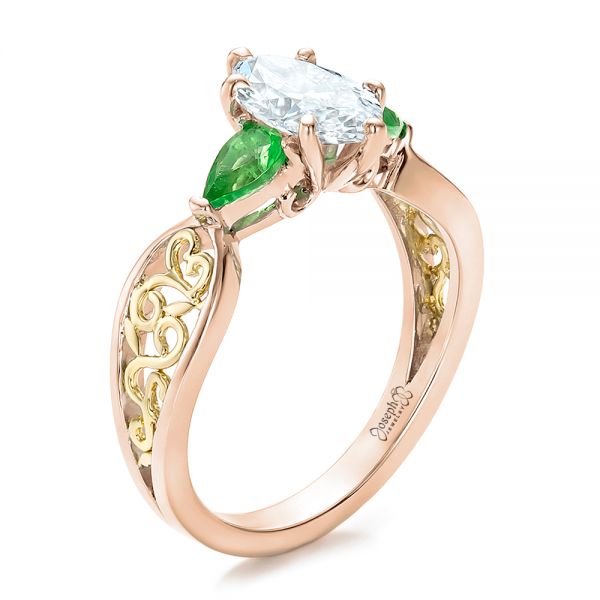 18k Rose Gold And 18K Gold 18k Rose Gold And 18K Gold Custom Two-tone Diamond And Peridot Engagement Ring - Three-Quarter View -  100674