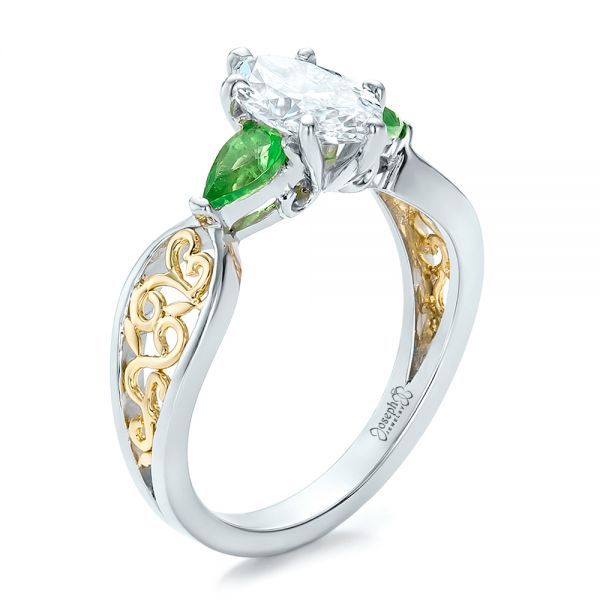 Emerald cut peridot and marquise cut diamond ring in 18k yellow gold. |  AHEE Jewelers