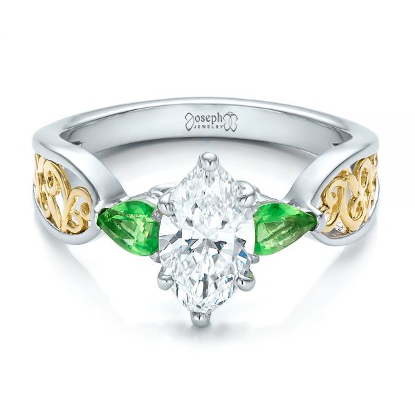 Platinum And 18K Gold Custom Two-tone Diamond And Peridot Engagement Ring - Flat View - 100674