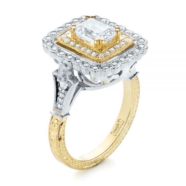  14K Gold And 18k Yellow Gold 14K Gold And 18k Yellow Gold Custom Two-tone Double Halo Diamond Engagement Ring - Three-Quarter View -  103455