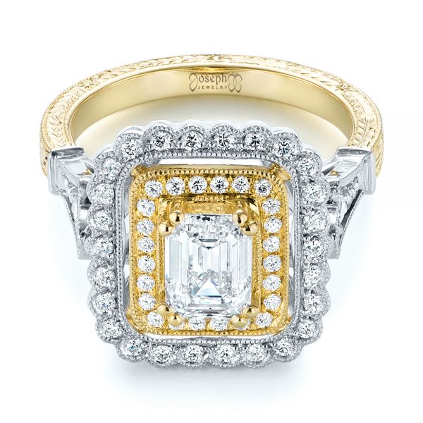 Platinum And 18k Yellow Gold Custom Two-tone Double Halo Diamond Engagement Ring - Flat View - 103455