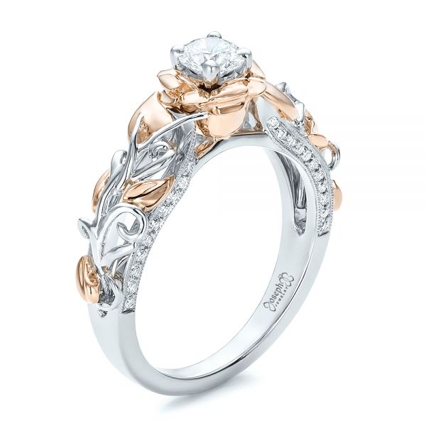  18K Gold And 14k Rose Gold 18K Gold And 14k Rose Gold Custom Two-tone Organic Vines And Diamond Engagement Ring - Three-Quarter View -  100772