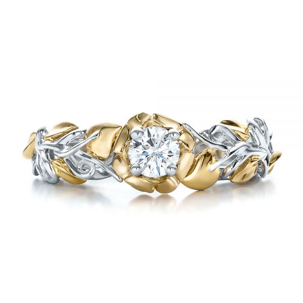  14K Gold And 14k Yellow Gold Custom Two-tone Organic Vines And Diamond Engagement Ring - Top View -  100772