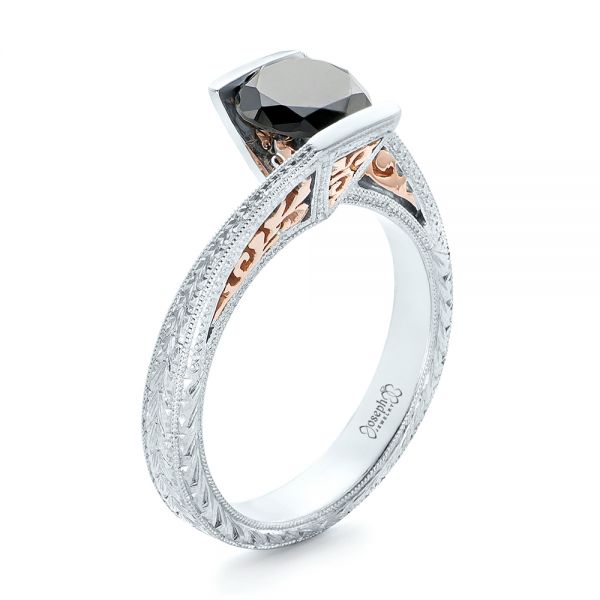 14k White Gold And 14K Gold Custom Two-tone Black Diamond Engagement Ring - Three-Quarter View -  102215