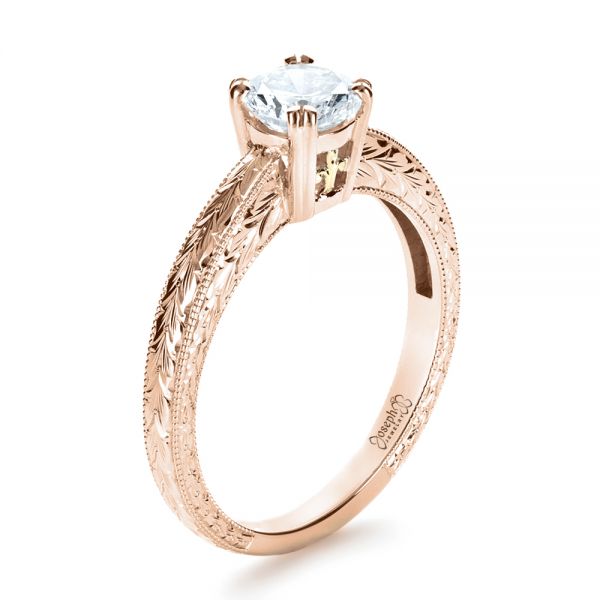 14k Rose Gold And 18K Gold 14k Rose Gold And 18K Gold Custom Two-tone Hand Engraved Engagement Ring - Three-Quarter View - 1384