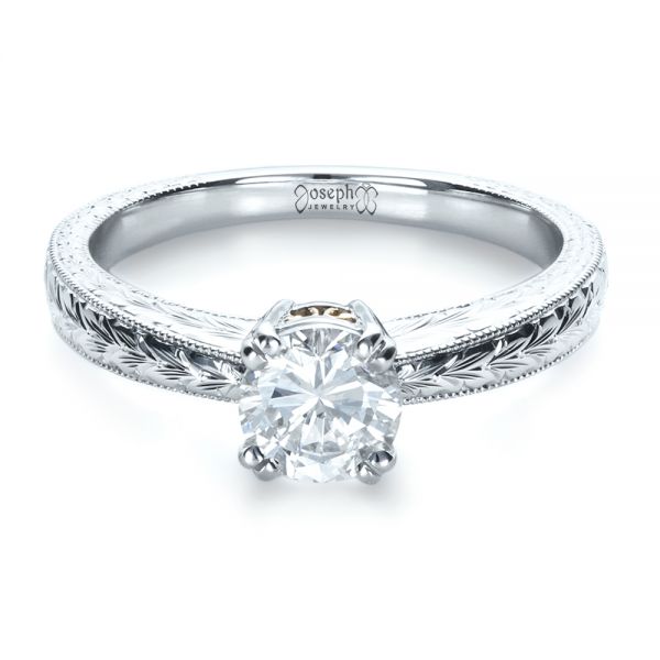 18k White Gold And Platinum 18k White Gold And Platinum Custom Two-tone Hand Engraved Engagement Ring - Flat View -  1384