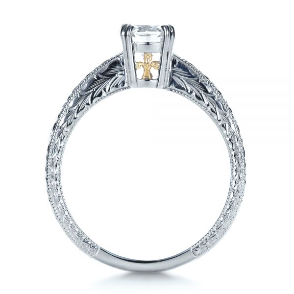 14k White Gold And 18K Gold 14k White Gold And 18K Gold Custom Two-tone Hand Engraved Engagement Ring - Front View -  1384