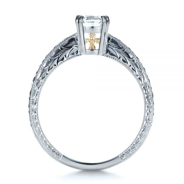 Platinum And 18K Gold Custom Two-tone Hand Engraved Engagement Ring - Front View - 1384