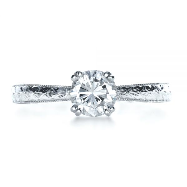 Platinum And 18K Gold Custom Two-tone Hand Engraved Engagement Ring - Top View - 1384