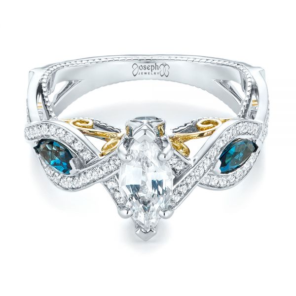  Platinum And 18K Gold Platinum And 18K Gold Custom Two-tone London Blue Topaz And Diamond Engagement Ring - Flat View -  103381 - Thumbnail